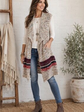Sonoma Boho Marled Knit Open Front Long Vest Duster Cardigan M